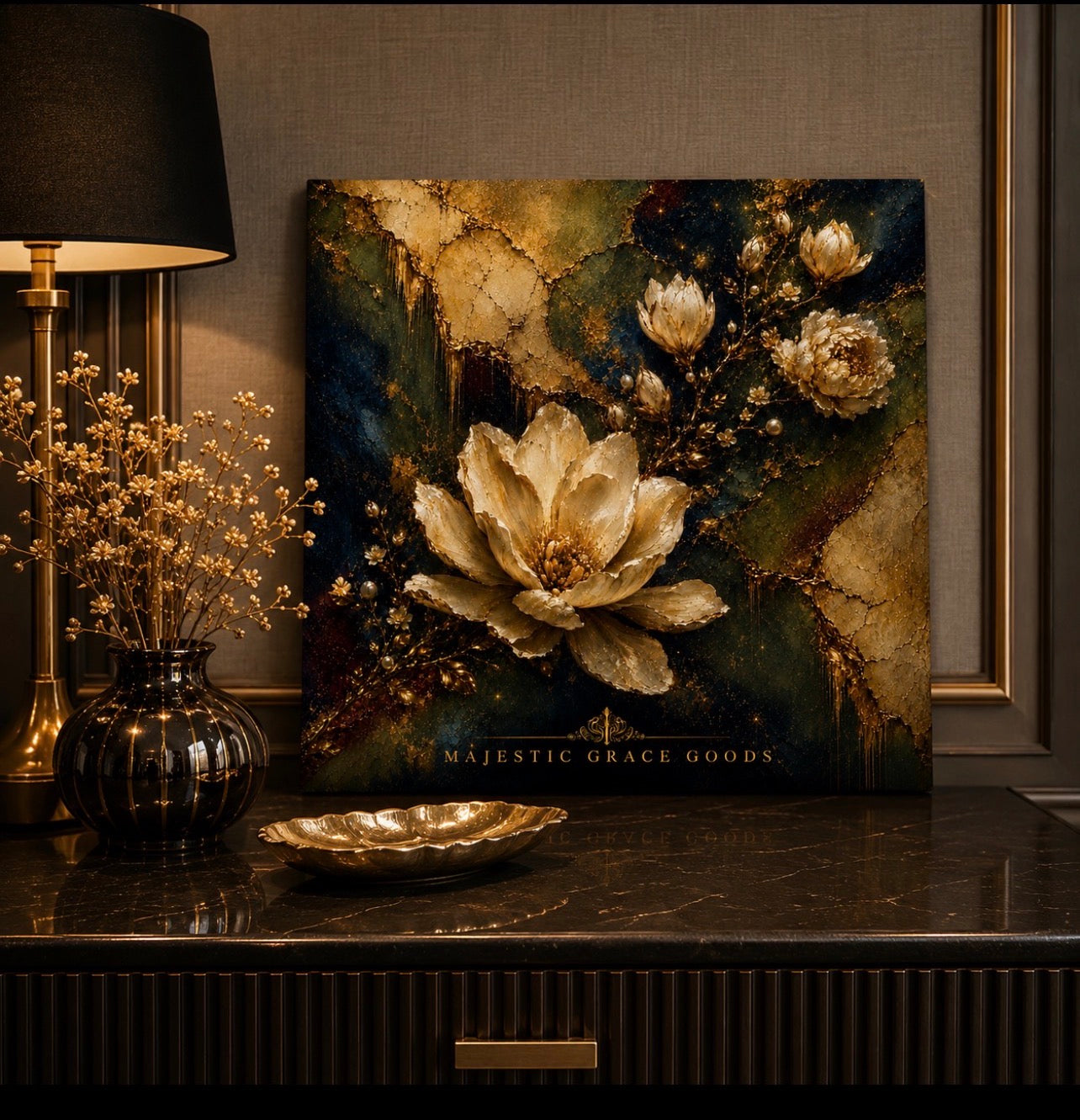 Décoration murale toile Magnolia Ivoire, Oeuvre d'art florale de luxe or, Prête à accrocher