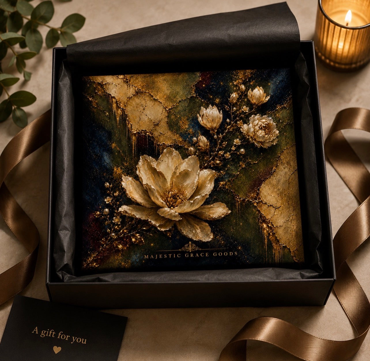 Décoration murale toile Magnolia Ivoire, Oeuvre d'art florale de luxe or, Prête à accrocher