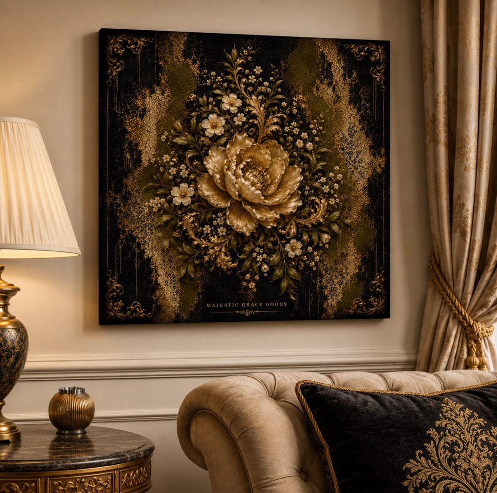 Luxury Antique Gold Floral Canvas Wall Art, Olive Black Botanical Artwork, Ready to Hang Canvas Decor