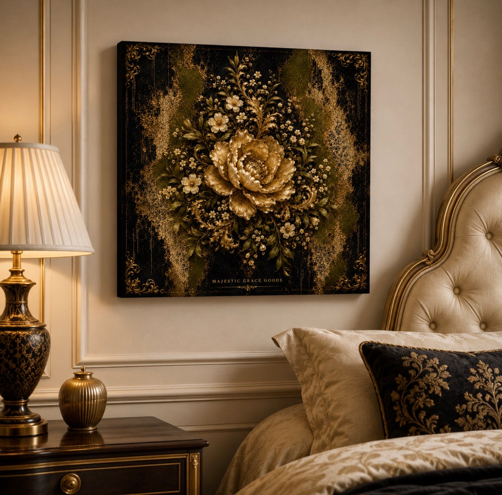 Luxury Antique Gold Floral Canvas Wall Art, Olive Black Botanical Artwork, Ready to Hang Canvas Decor