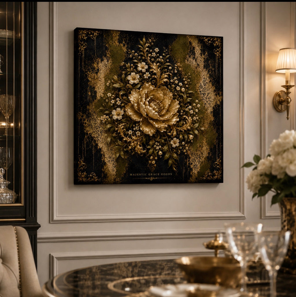 Luxury Antique Gold Floral Canvas Wall Art, Olive Black Botanical Artwork, Ready to Hang Canvas Decor