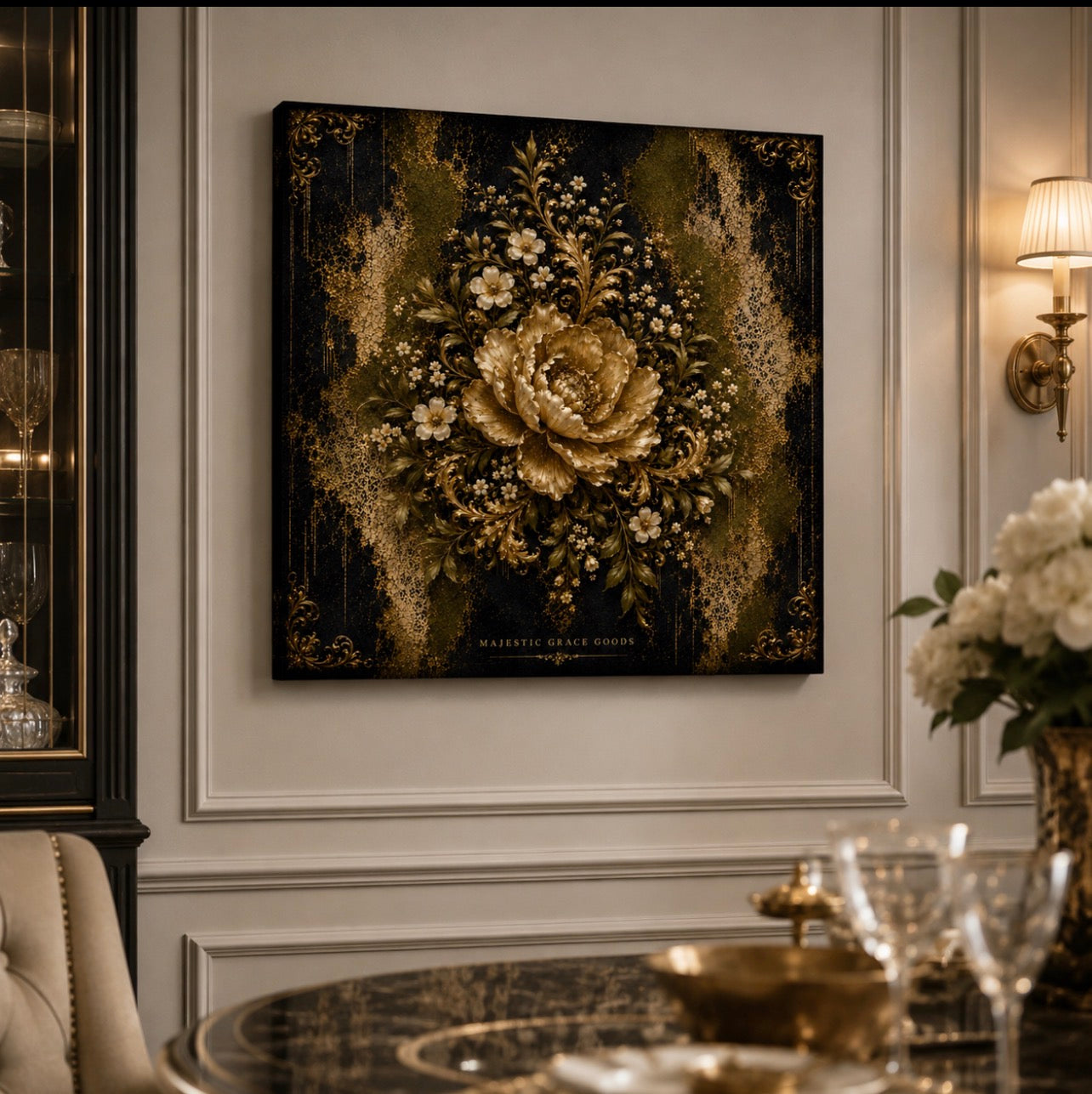 Luxury Antique Gold Floral Canvas Wall Art, Olive Black Botanical Artwork, Ready to Hang Canvas Decor