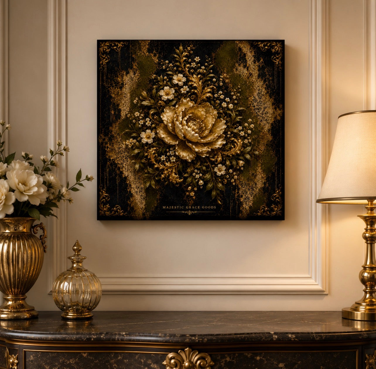 Luxury Antique Gold Floral Canvas Wall Art, Olive Black Botanical Artwork, Ready to Hang Canvas Decor