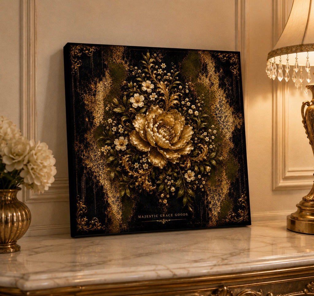 Luxury Antique Gold Floral Canvas Wall Art, Olive Black Botanical Artwork, Ready to Hang Canvas Decor