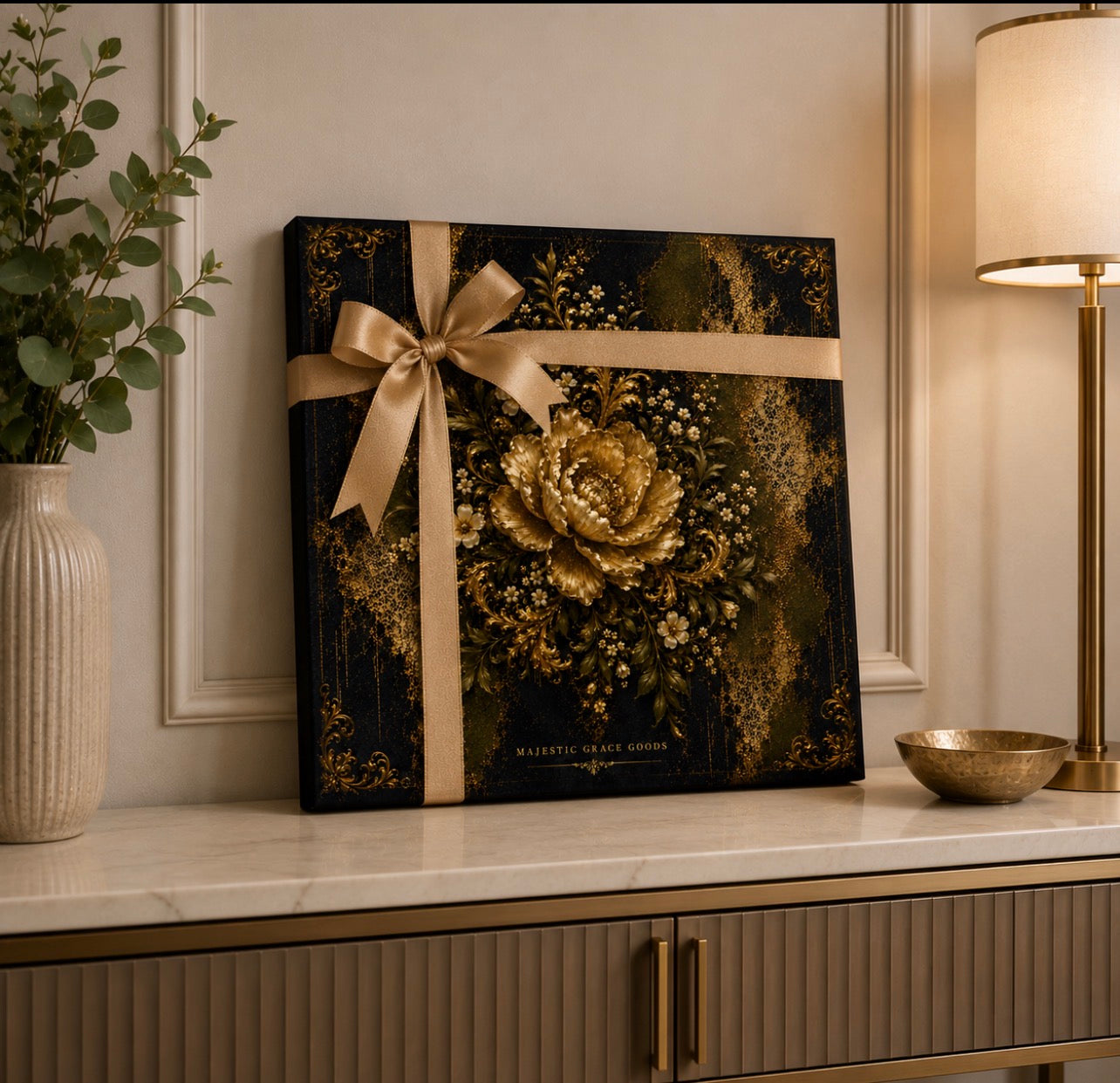 Luxury Antique Gold Floral Canvas Wall Art, Olive Black Botanical Artwork, Ready to Hang Canvas Decor