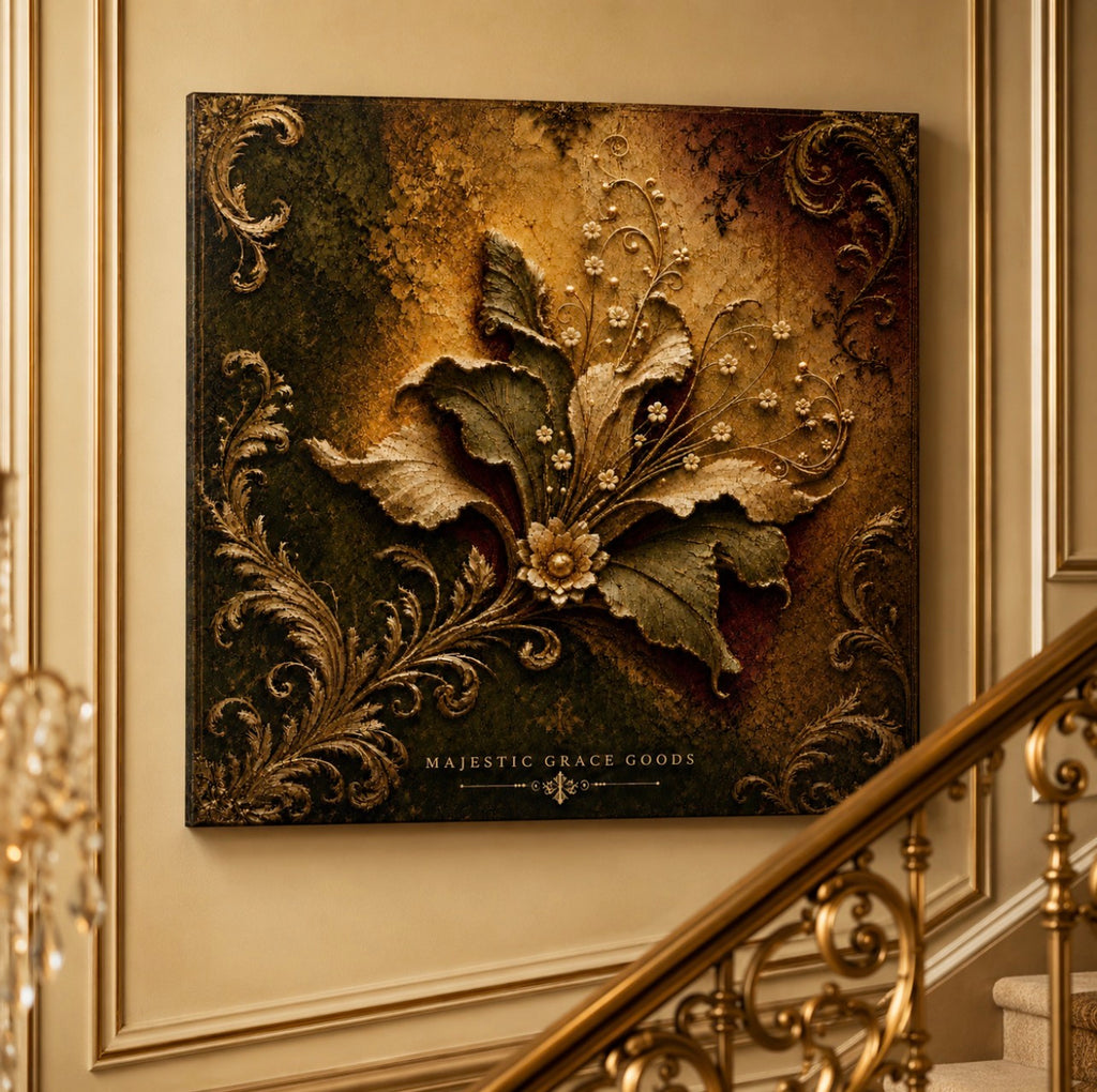 Tableau mural en toile à motif botanique, doré vieilli de luxe, décor floral filigrané orné, prêt à accrocher