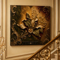 Tableau mural en toile à motif botanique, doré vieilli de luxe, décor floral filigrané orné, prêt à accrocher