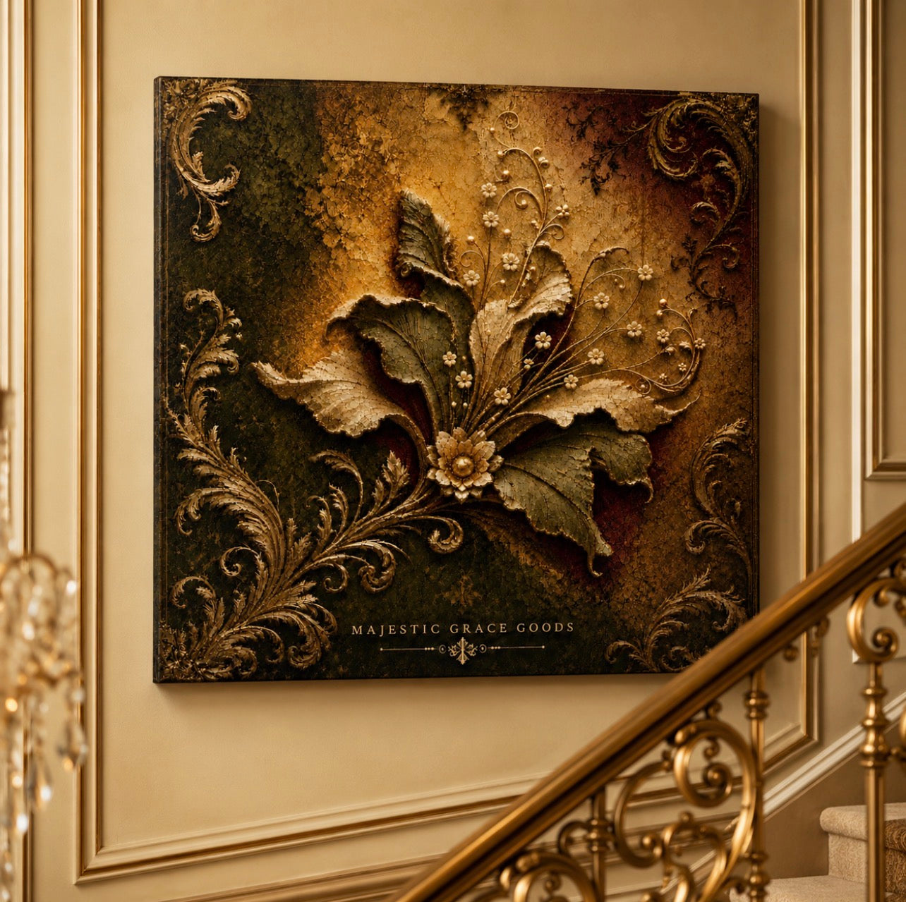 Tableau mural en toile à motif botanique, doré vieilli de luxe, décor floral filigrané orné, prêt à accrocher