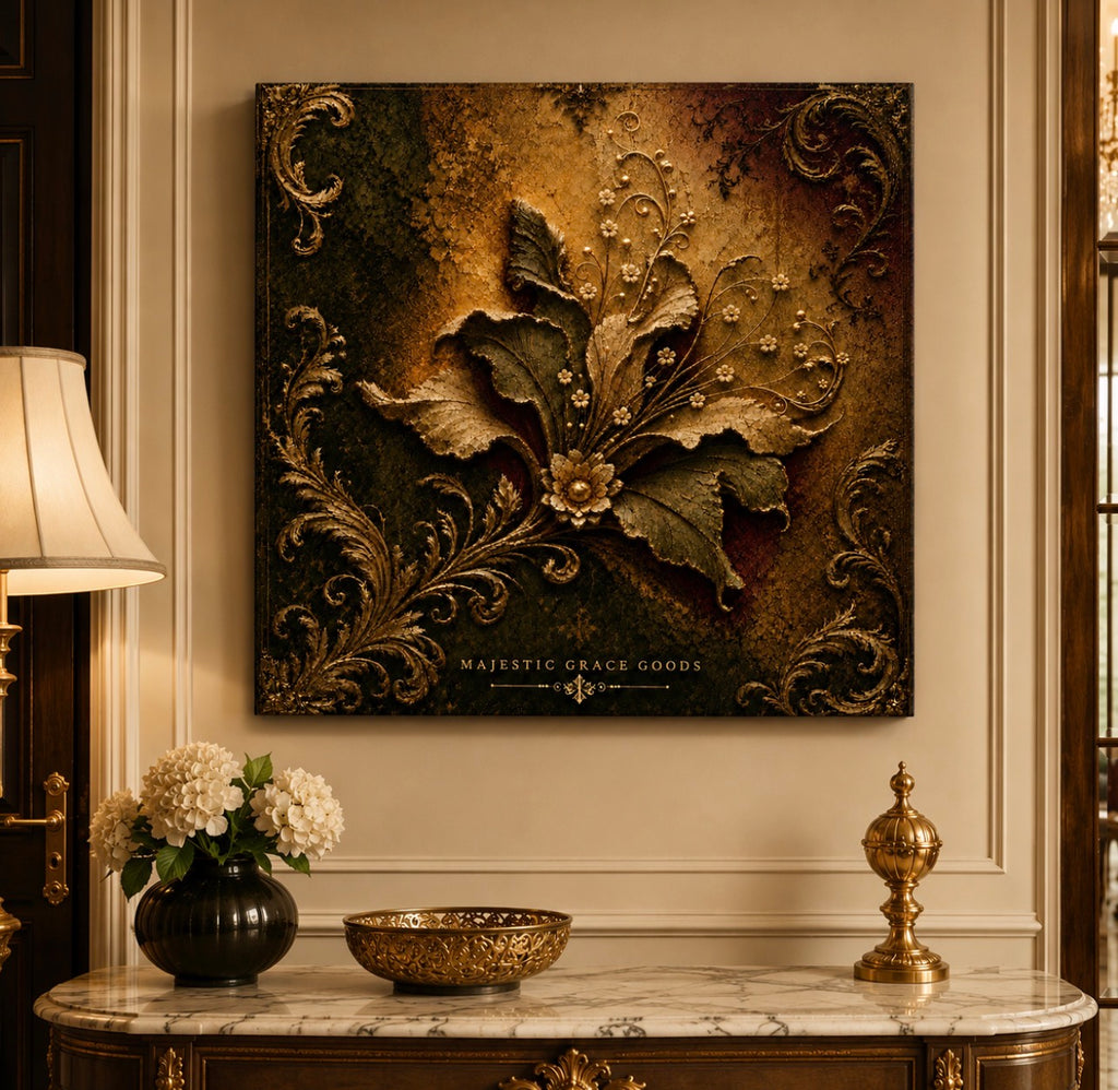 Tableau mural en toile à motif botanique, doré vieilli de luxe, décor floral filigrané orné, prêt à accrocher