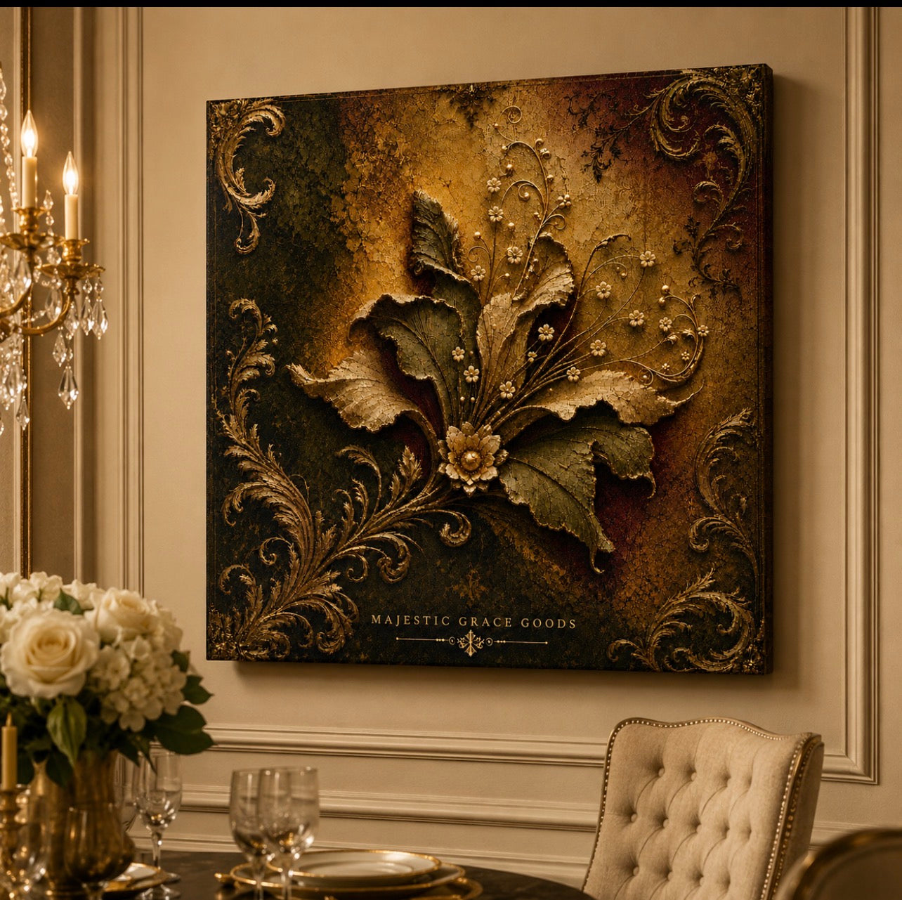 Tableau mural en toile à motif botanique, doré vieilli de luxe, décor floral filigrané orné, prêt à accrocher