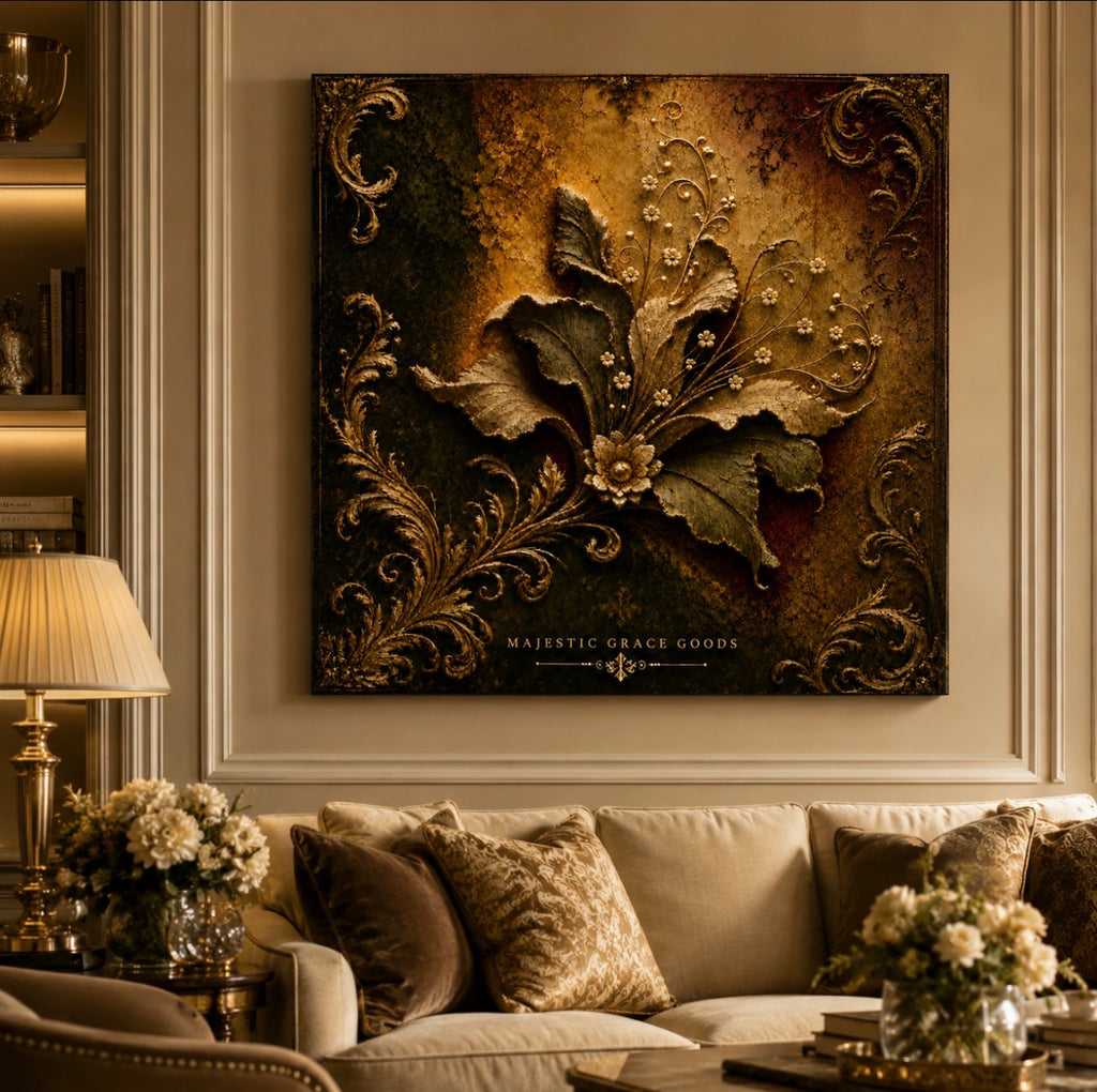Tableau mural en toile à motif botanique, doré vieilli de luxe, décor floral filigrané orné, prêt à accrocher