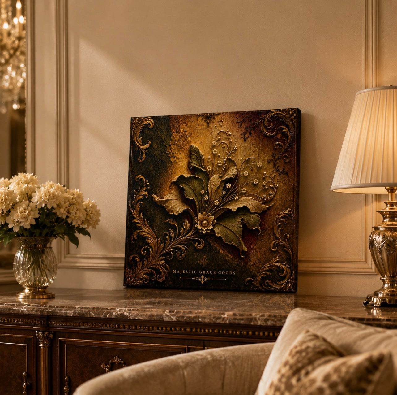 Tableau mural en toile à motif botanique, doré vieilli de luxe, décor floral filigrané orné, prêt à accrocher