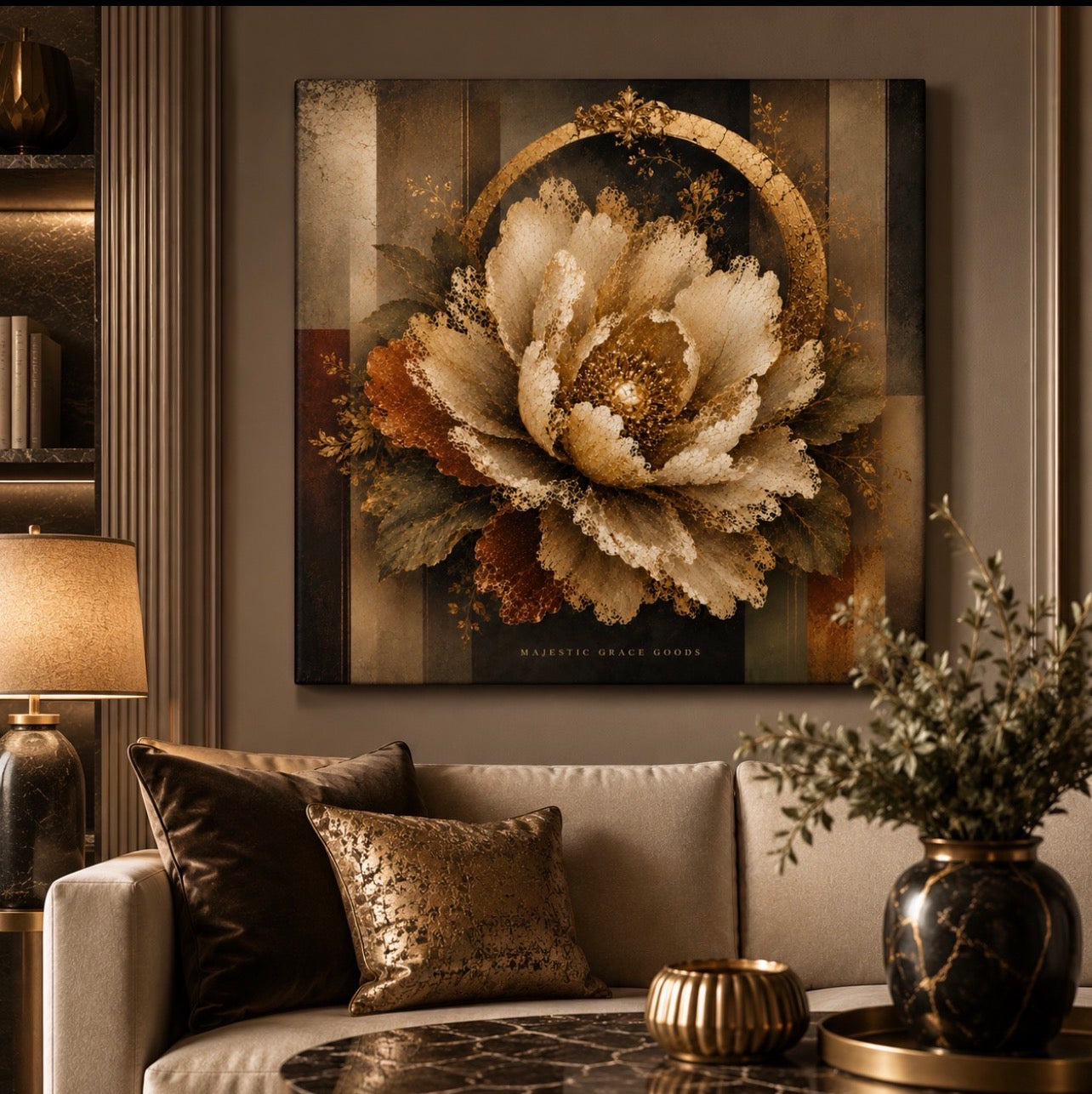 Luxury Ivory Lace Flower Canvas Wall Art, Antique Gold Botanical Floral Print, Ready to Hang