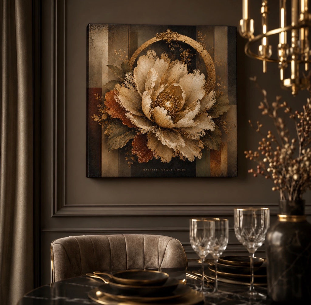Luxury Ivory Lace Flower Canvas Wall Art, Antique Gold Botanical Floral Print, Ready to Hang