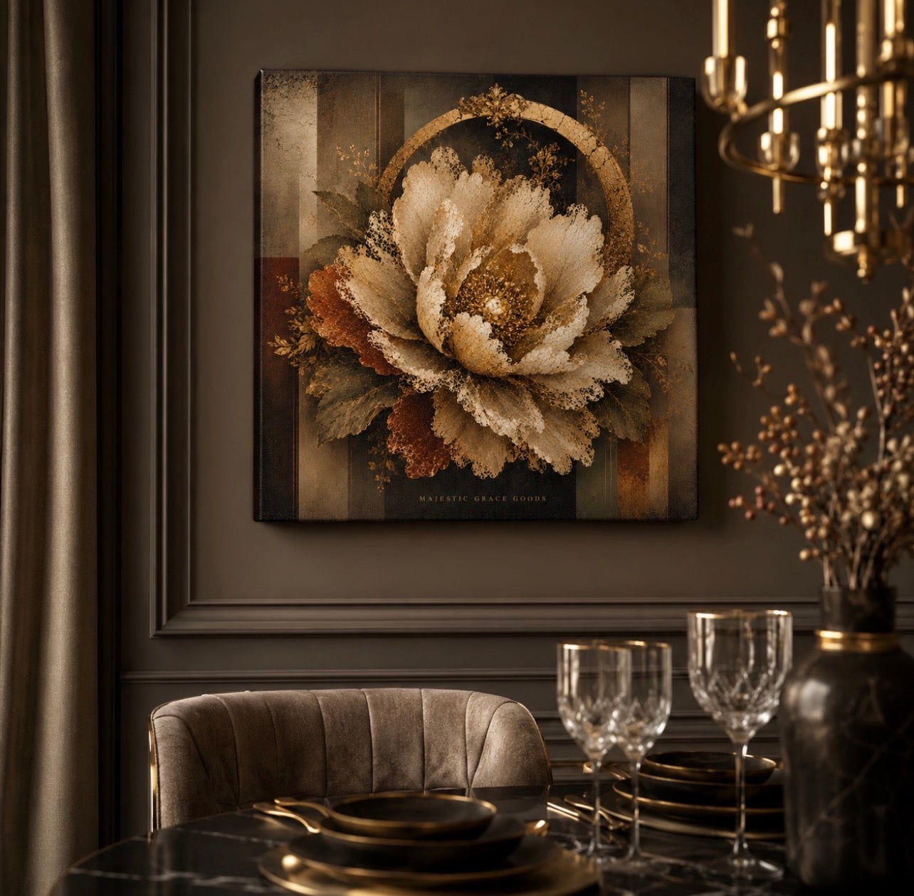 Luxury Ivory Lace Flower Canvas Wall Art, Antique Gold Botanical Floral Print, Ready to Hang