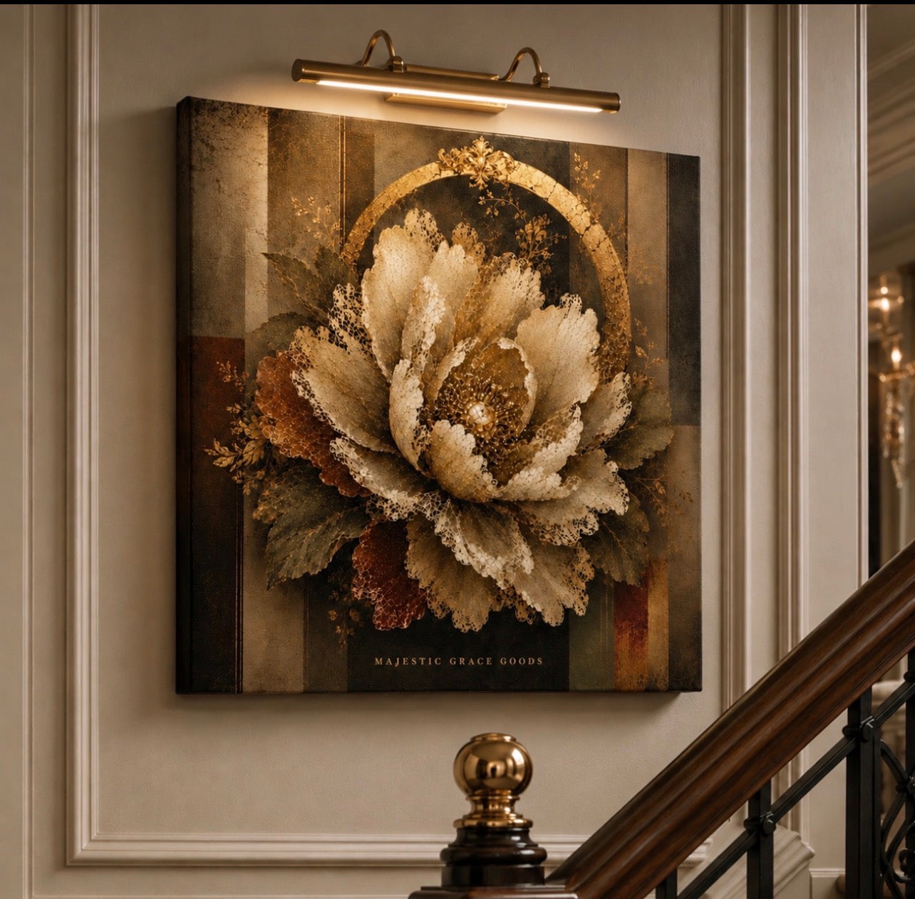 Luxury Ivory Lace Flower Canvas Wall Art, Antique Gold Botanical Floral Print, Ready to Hang