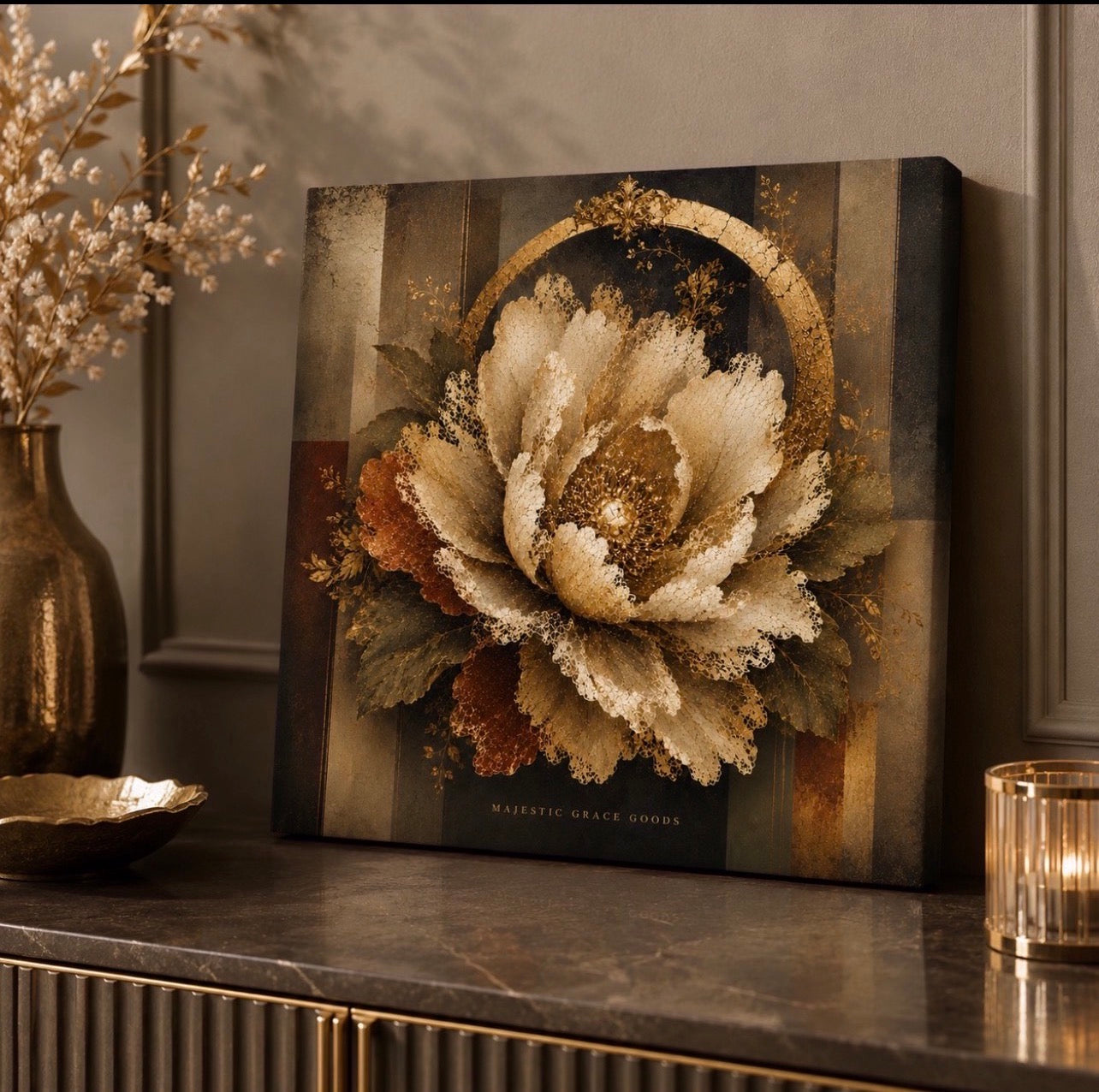 Luxury Ivory Lace Flower Canvas Wall Art, Antique Gold Botanical Floral Print, Ready to Hang