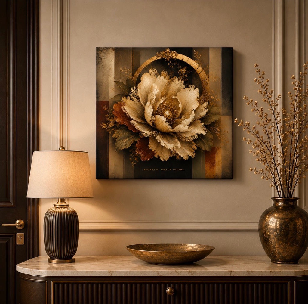 Luxury Ivory Lace Flower Canvas Wall Art, Antique Gold Botanical Floral Print, Ready to Hang