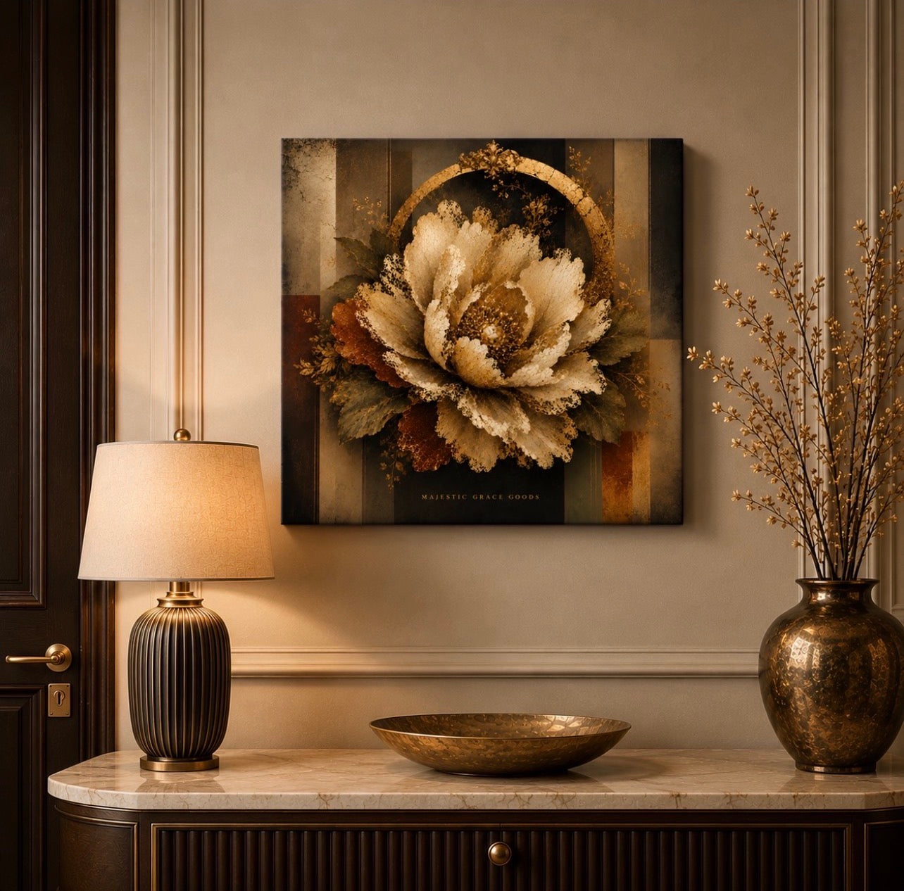 Luxury Ivory Lace Flower Canvas Wall Art, Antique Gold Botanical Floral Print, Ready to Hang