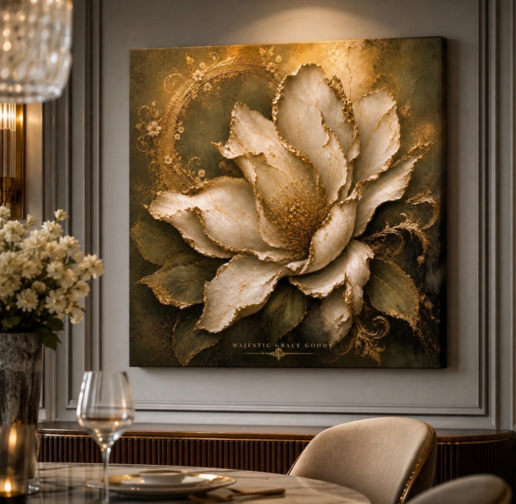 Tableau mural en toile Magnolia Ivoire Or prêt à accrocher, Œuvre d'art botanique florale de luxe