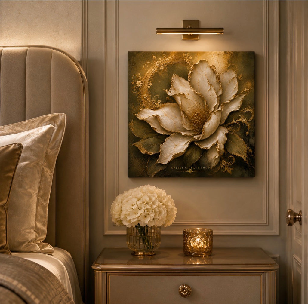 Tableau mural en toile Magnolia Ivoire Or prêt à accrocher, Œuvre d'art botanique florale de luxe