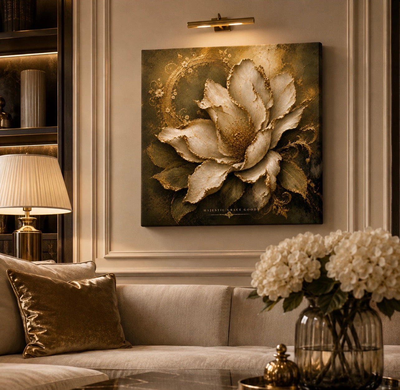 Tableau mural en toile Magnolia Ivoire Or prêt à accrocher, Œuvre d'art botanique florale de luxe
