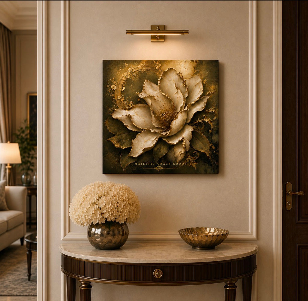 Tableau mural en toile Magnolia Ivoire Or prêt à accrocher, Œuvre d'art botanique florale de luxe