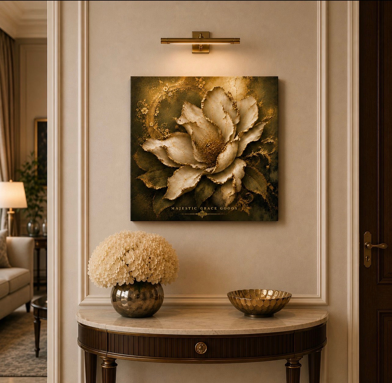 Tableau mural en toile Magnolia Ivoire Or prêt à accrocher, Œuvre d'art botanique florale de luxe