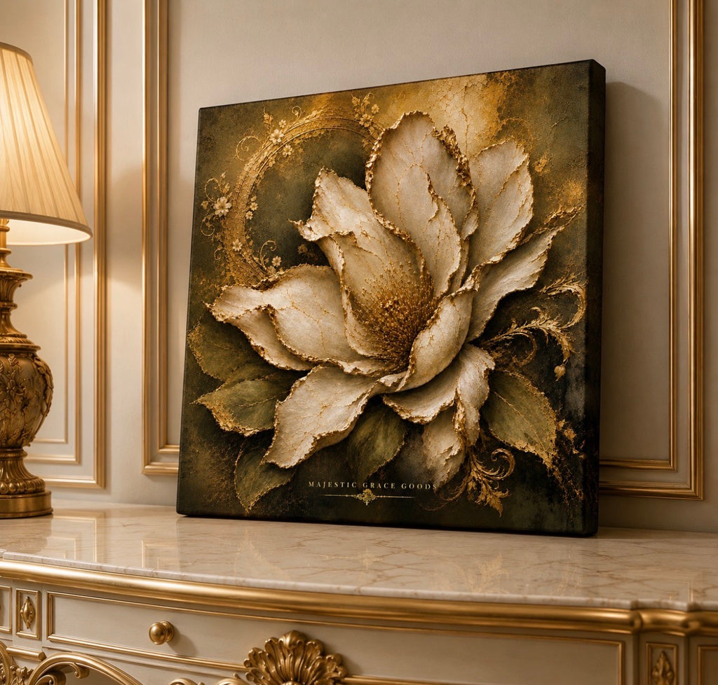 Tableau mural en toile Magnolia Ivoire Or prêt à accrocher, Œuvre d'art botanique florale de luxe