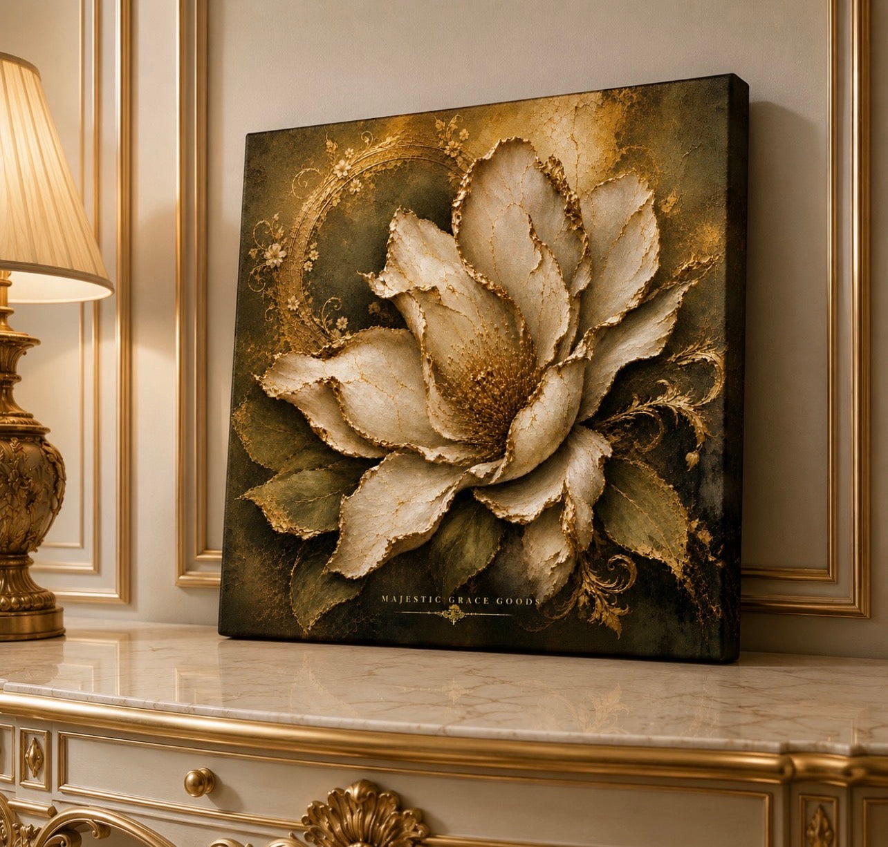 Tableau mural en toile Magnolia Ivoire Or prêt à accrocher, Œuvre d'art botanique florale de luxe