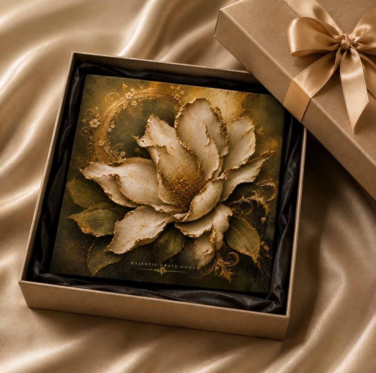 Tableau mural en toile Magnolia Ivoire Or prêt à accrocher, Œuvre d'art botanique florale de luxe
