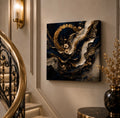 Midnight Navy Gold Abstract Floral Canvas Wall Art, Luxury Ready to Hang Square Artwork