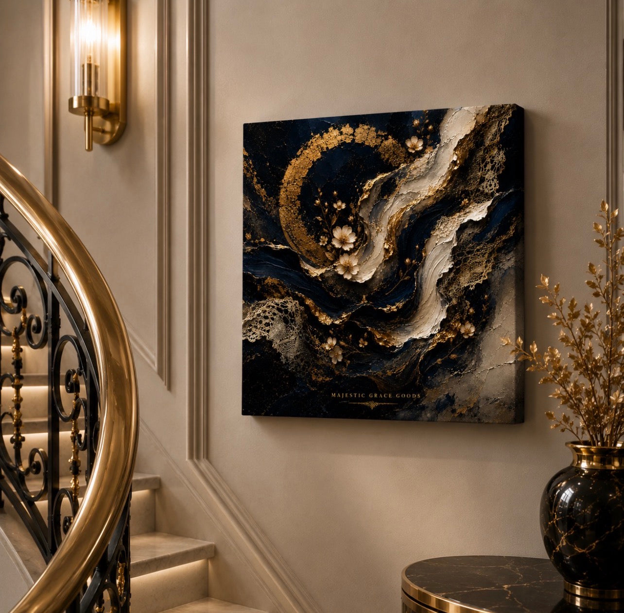 Midnight Navy Gold Abstract Floral Canvas Wall Art, Luxury Ready to Hang Square Artwork