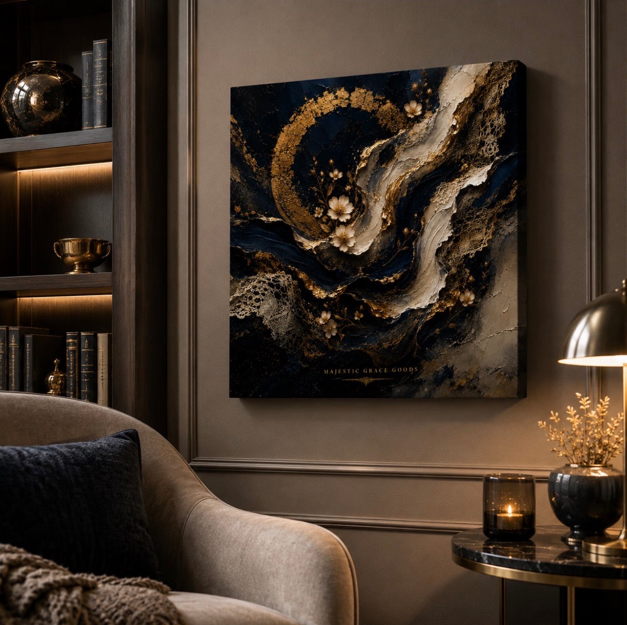 Midnight Navy Gold Abstract Floral Canvas Wall Art, Luxury Ready to Hang Square Artwork