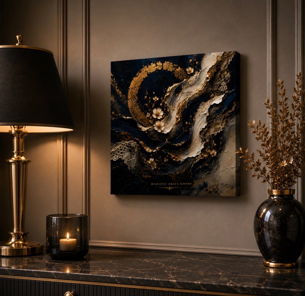 Midnight Navy Gold Abstract Floral Canvas Wall Art, Luxury Ready to Hang Square Artwork