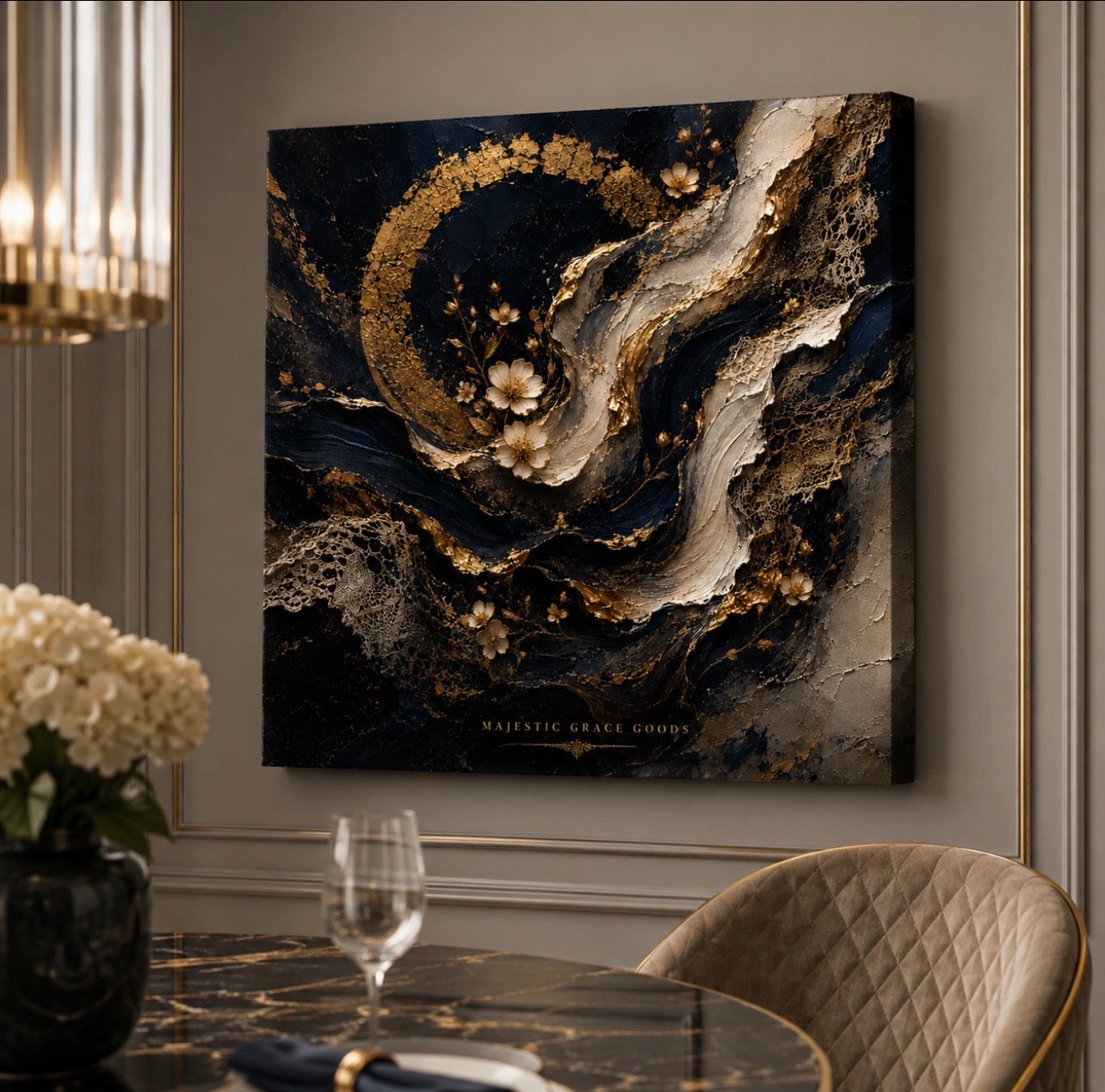 Midnight Navy Gold Abstract Floral Canvas Wall Art, Luxury Ready to Hang Square Artwork