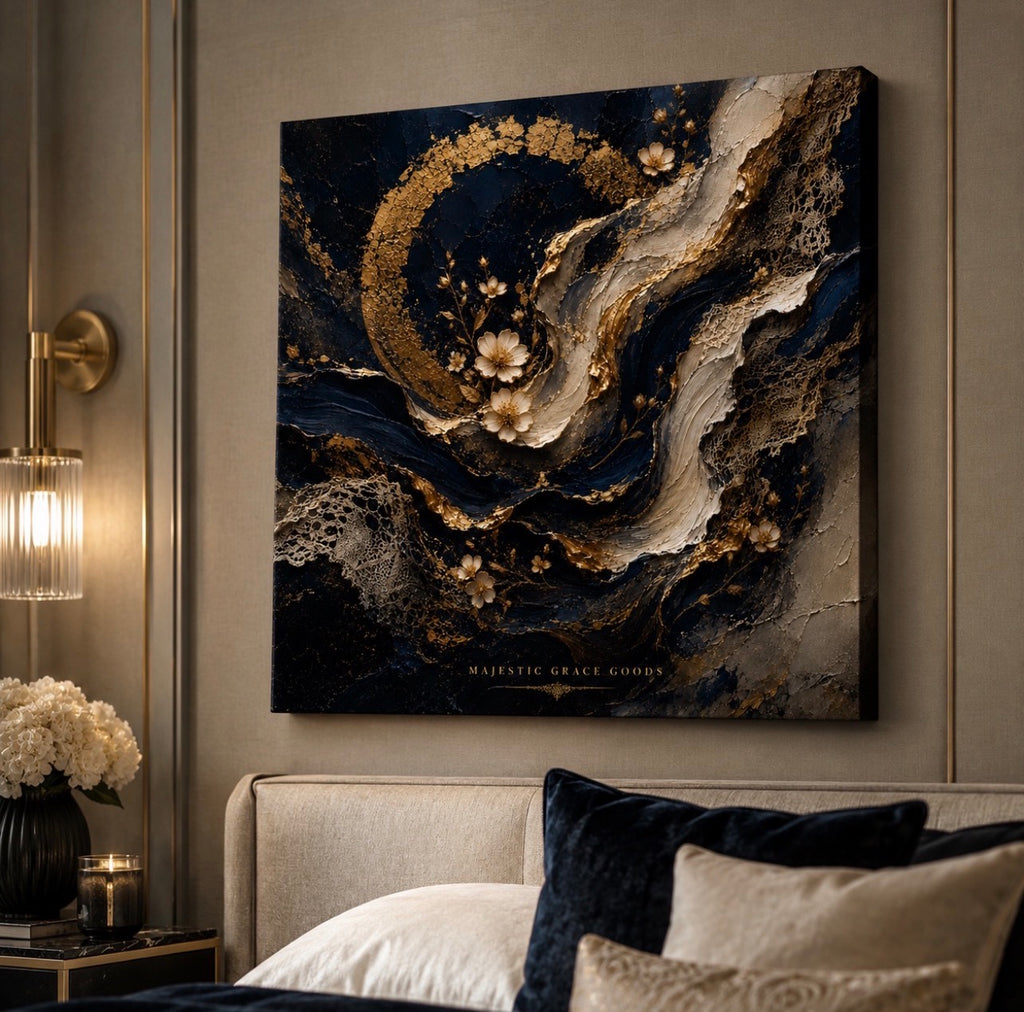Midnight Navy Gold Abstract Floral Canvas Wall Art, Luxury Ready to Hang Square Artwork