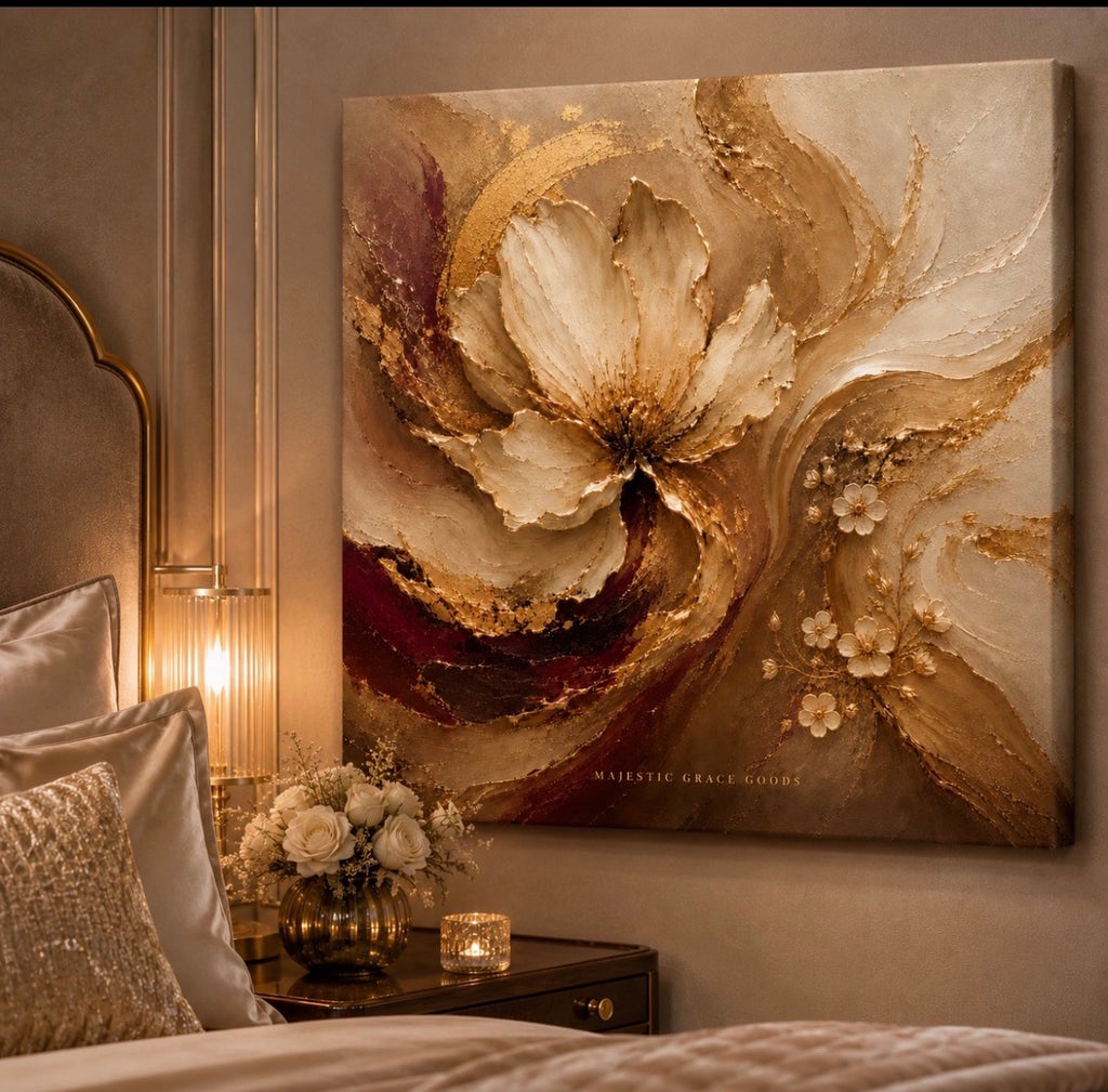 Ivory Bloom Canvas Wall Art, Champagne Gold Floral Abstract Painting Ready to Hang, Luxury Neutral Botanical Decor