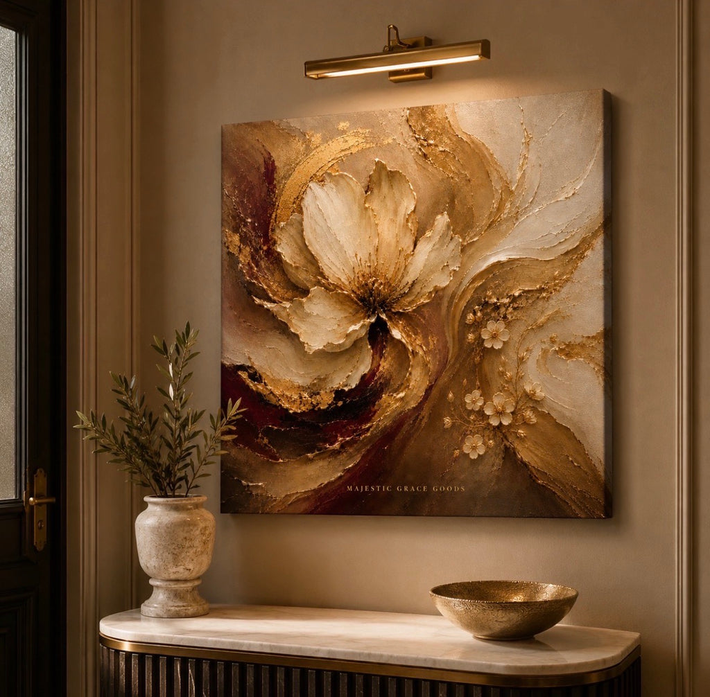 Ivory Bloom Canvas Wall Art, Champagne Gold Floral Abstract Painting Ready to Hang, Luxury Neutral Botanical Decor