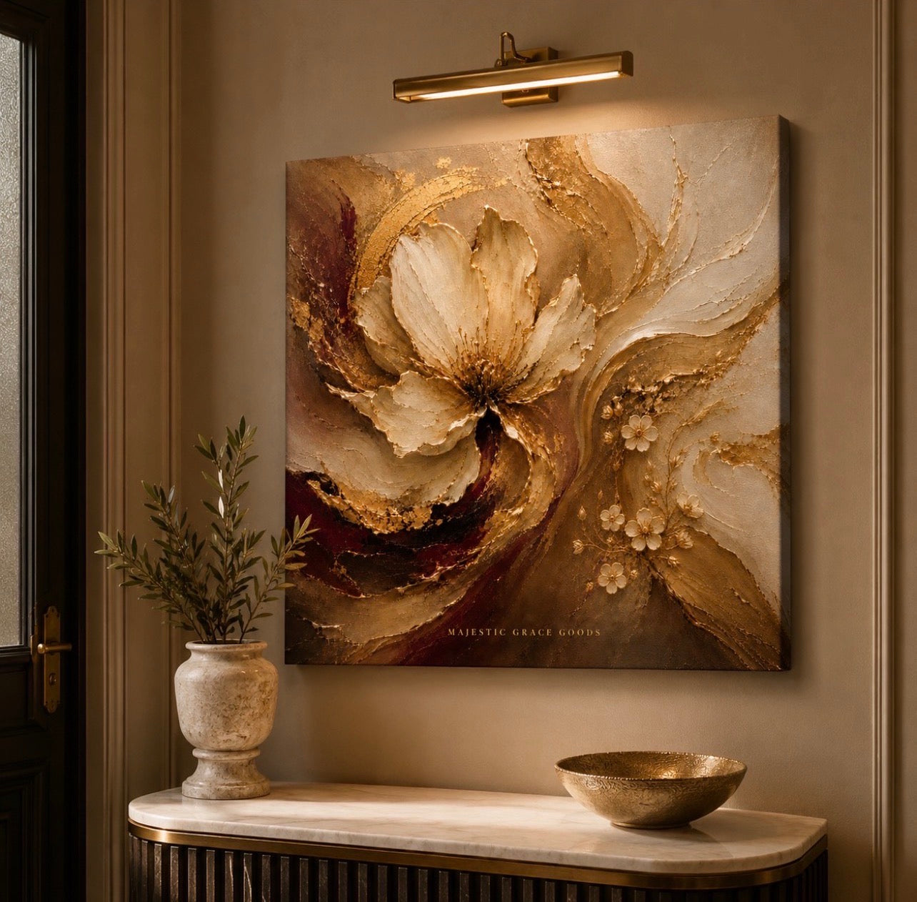 Ivory Bloom Canvas Wall Art, Champagne Gold Floral Abstract Painting Ready to Hang, Luxury Neutral Botanical Decor