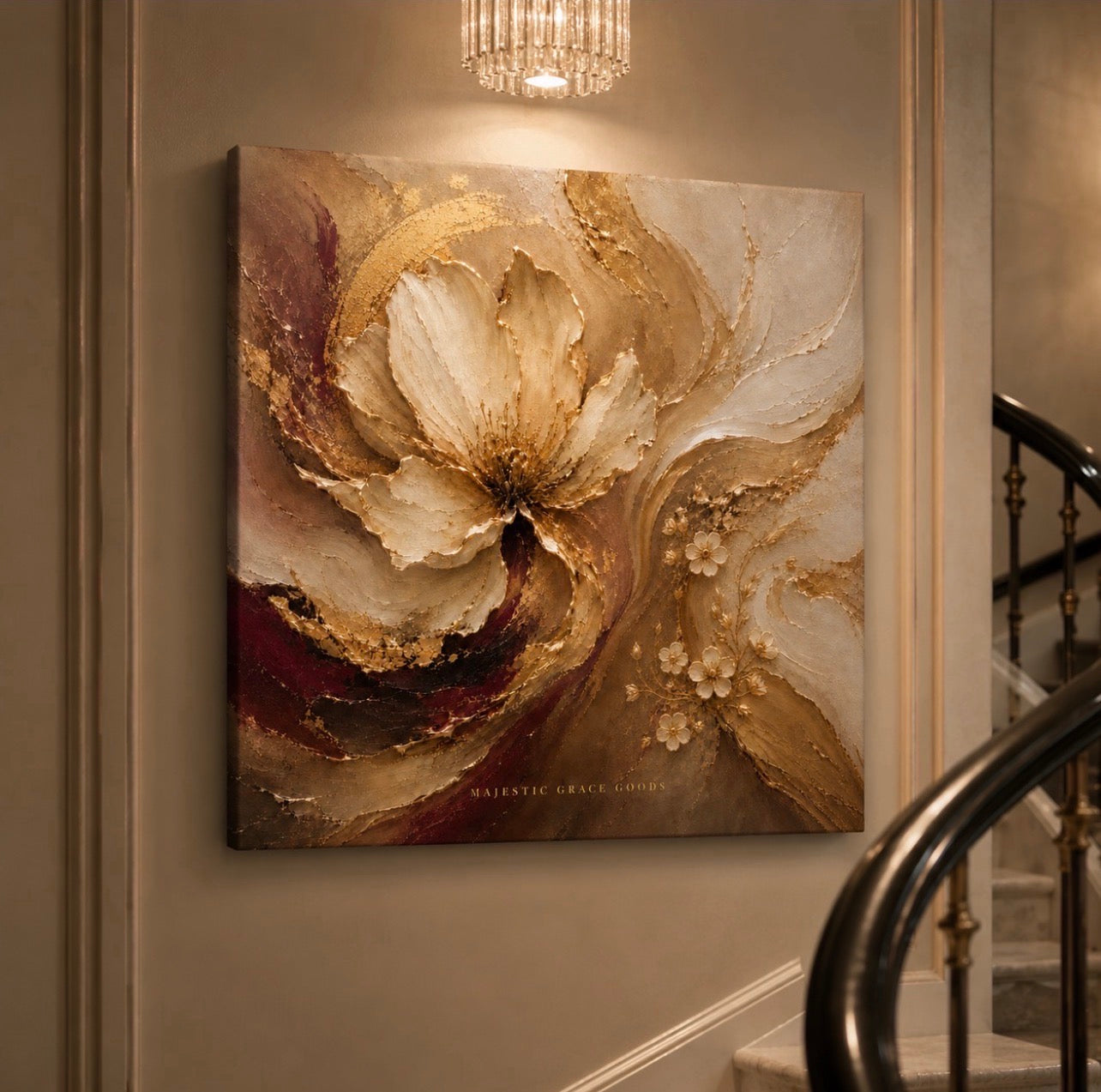 Ivory Bloom Canvas Wall Art, Champagne Gold Floral Abstract Painting Ready to Hang, Luxury Neutral Botanical Decor