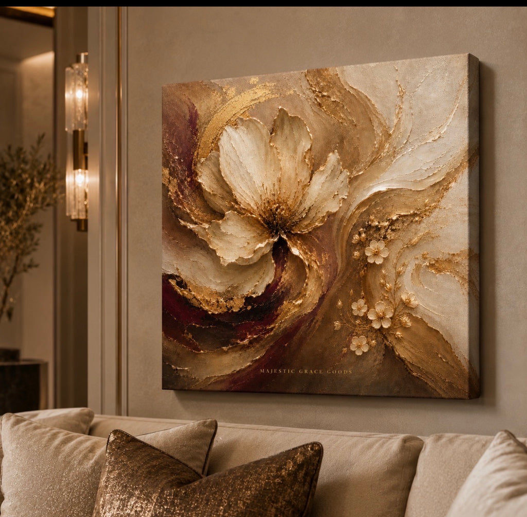 Ivory Bloom Canvas Wall Art, Champagne Gold Floral Abstract Painting Ready to Hang, Luxury Neutral Botanical Decor