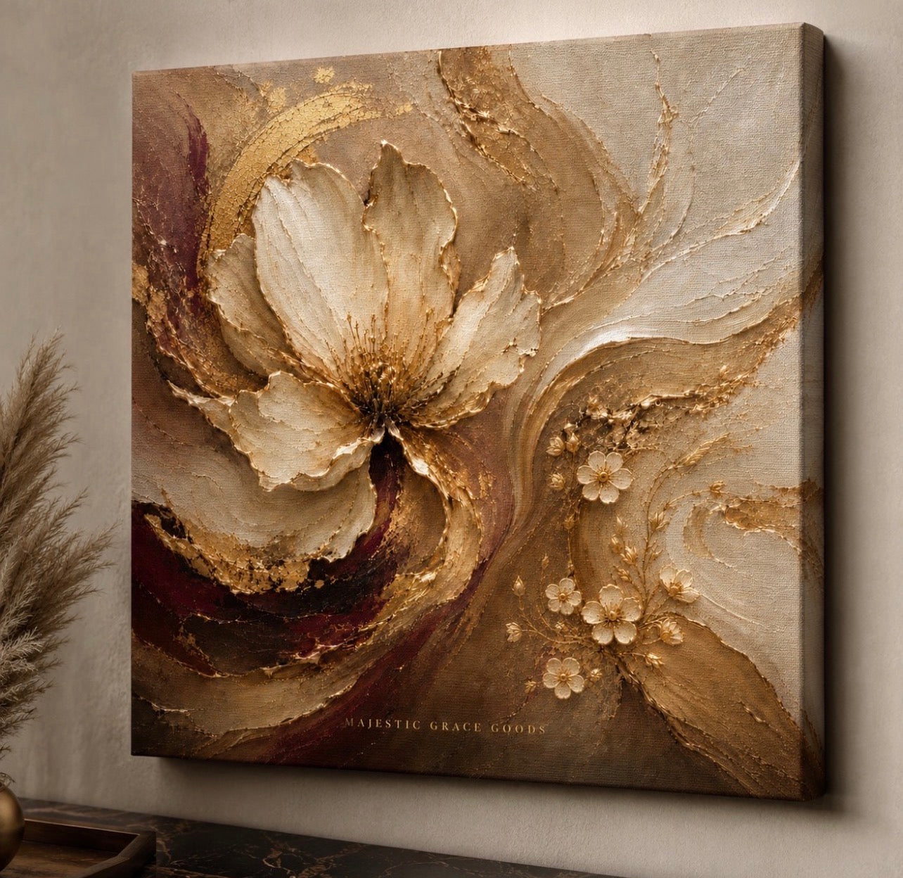 Ivory Bloom Canvas Wall Art, Champagne Gold Floral Abstract Painting Ready to Hang, Luxury Neutral Botanical Decor