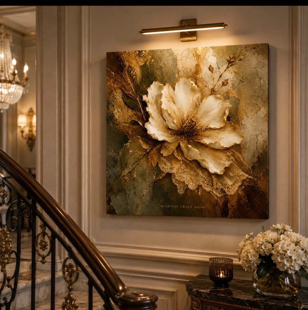 Ivory Floral Canvas Wall Art Ready to Hang, Antique Gold Botanical Luxury Decor