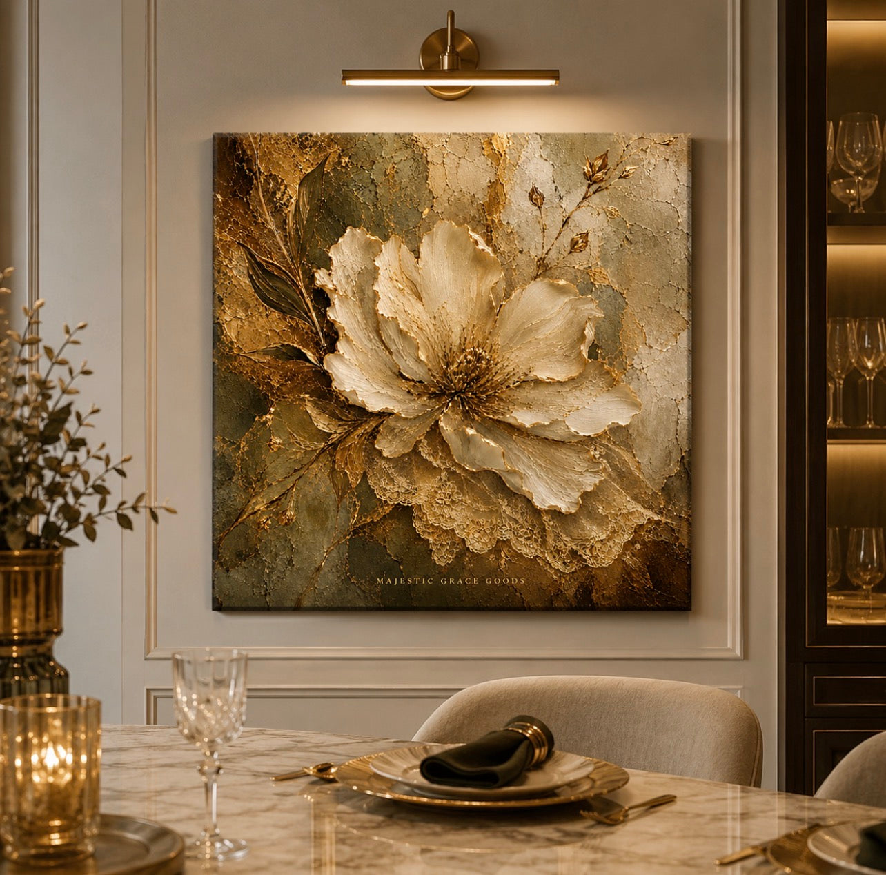 Ivory Floral Canvas Wall Art Ready to Hang, Antique Gold Botanical Luxury Decor