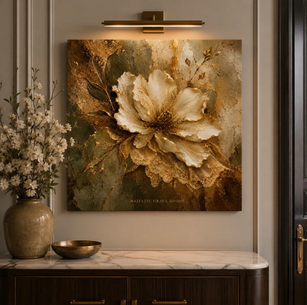 Ivory Floral Canvas Wall Art Ready to Hang, Antique Gold Botanical Luxury Decor