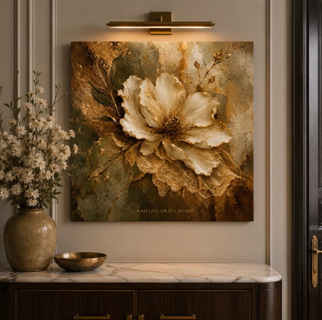 Ivory Floral Canvas Wall Art Ready to Hang, Antique Gold Botanical Luxury Decor
