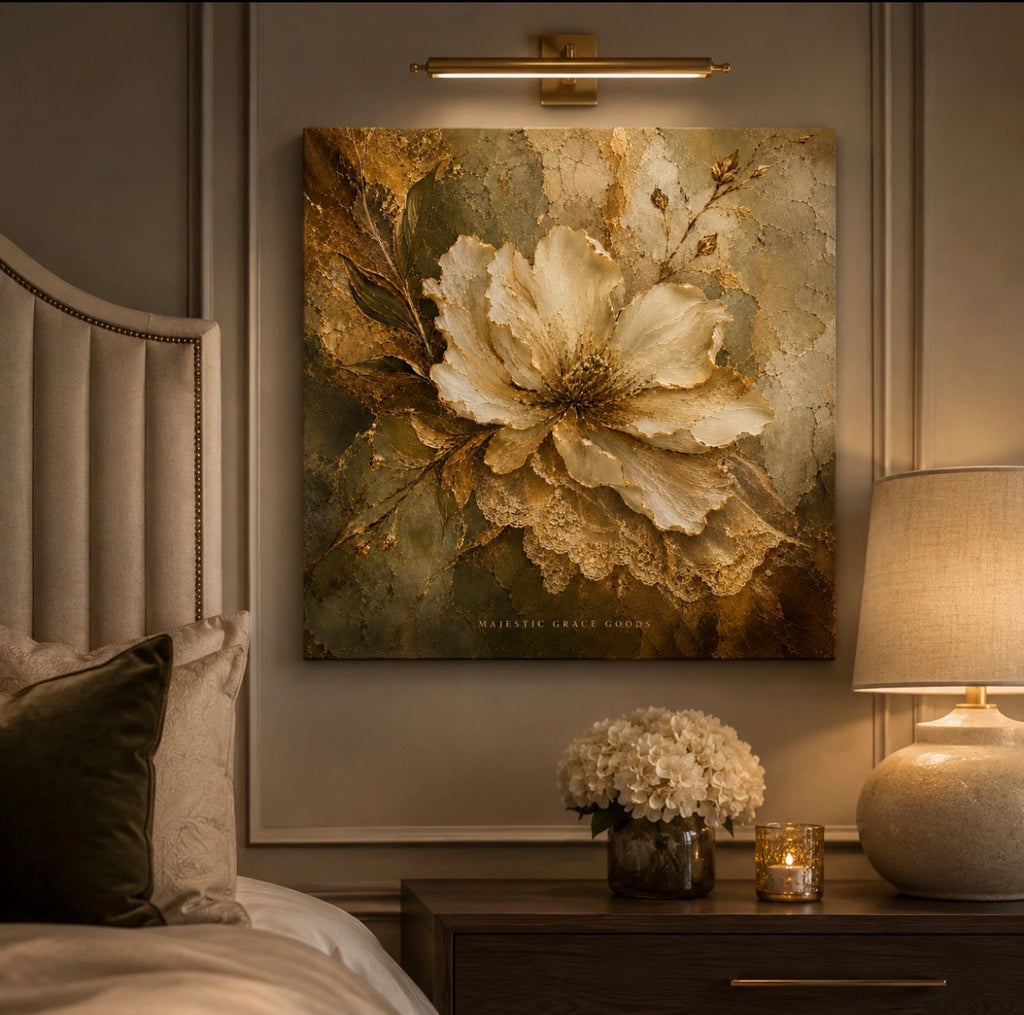 Ivory Floral Canvas Wall Art Ready to Hang, Antique Gold Botanical Luxury Decor