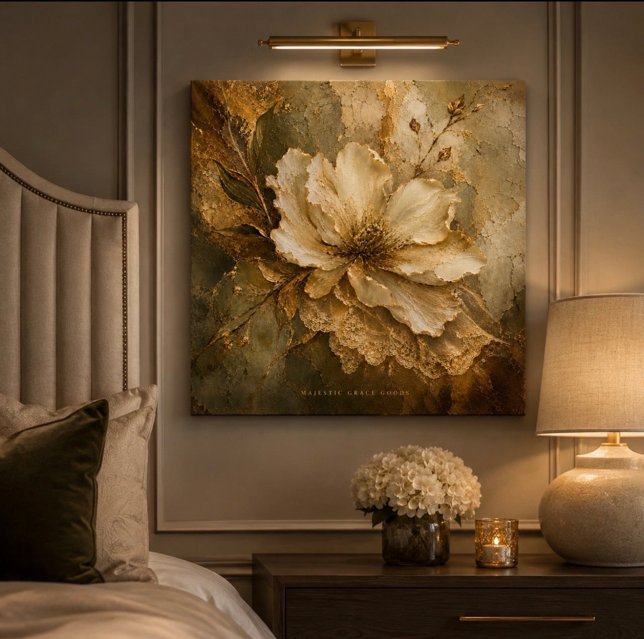 Ivory Floral Canvas Wall Art Ready to Hang, Antique Gold Botanical Luxury Decor
