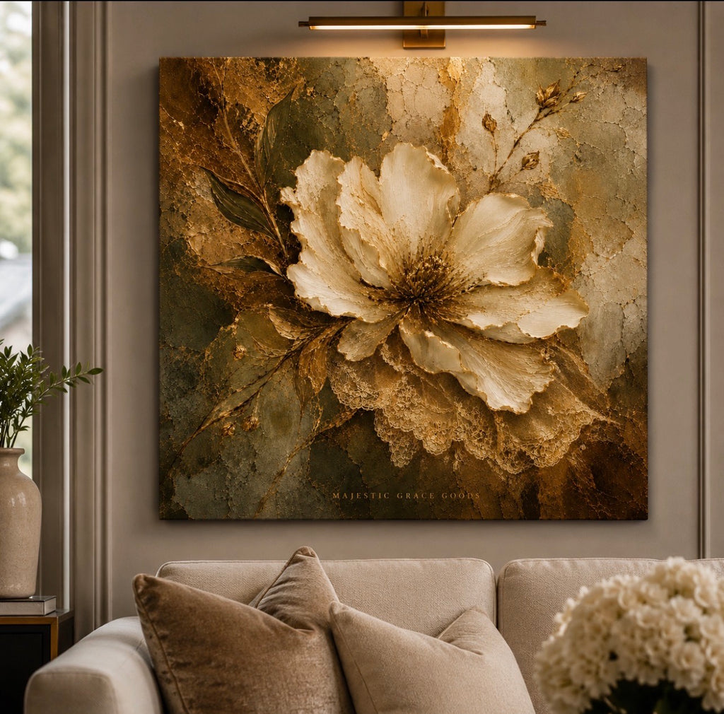 Ivory Floral Canvas Wall Art Ready to Hang, Antique Gold Botanical Luxury Decor